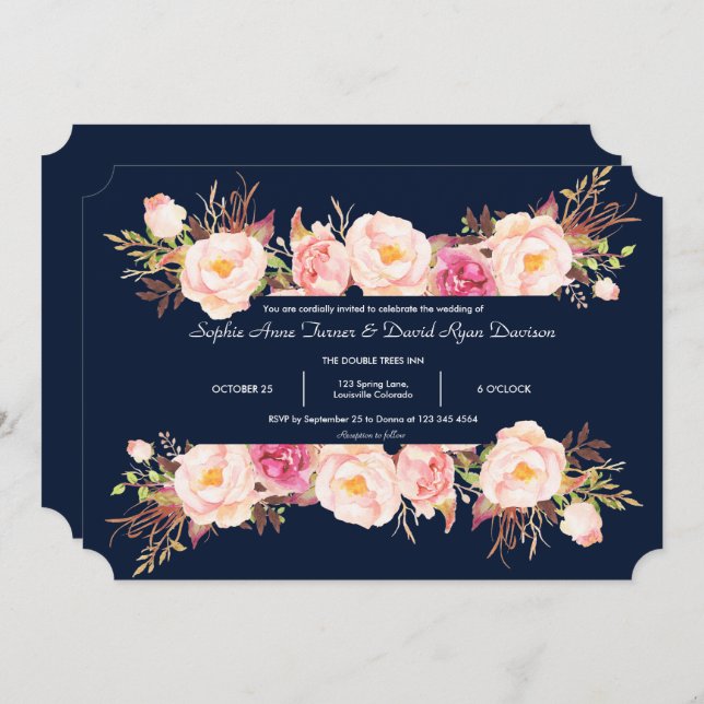 Invitation Charme rose Floral Cadre bleu marine Mariage (Devant / Derrière)