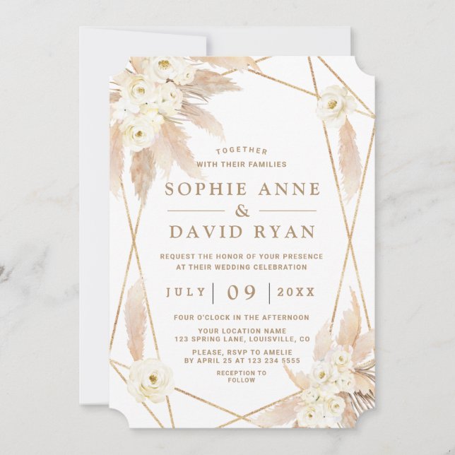 Invitation Charme Roses Blanches Pampas Grass Mariage Or (Devant)