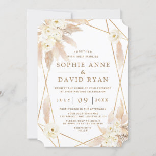 Invitation Charme Roses Blanches Pampas Grass Mariage Or