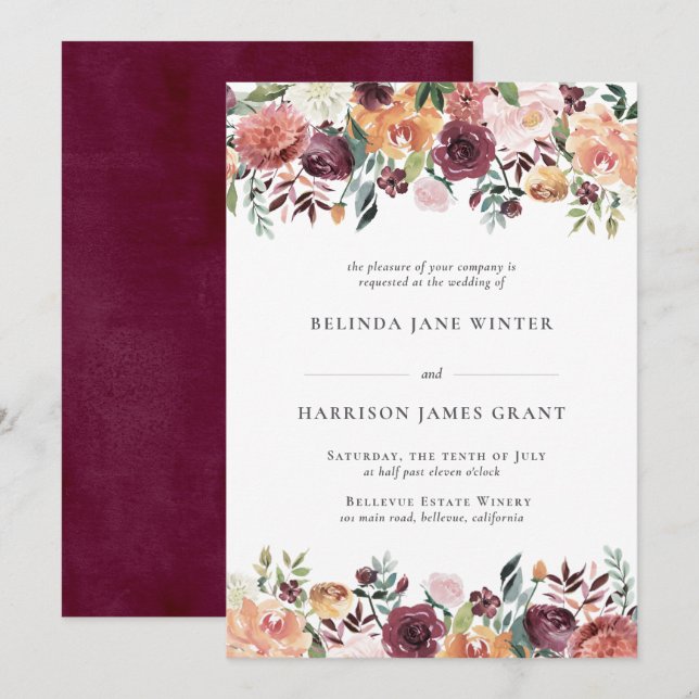 Invitation Charme rustique Bourgogne Blush rose Mariage Flora (Devant / Derrière)