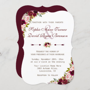 Invitation Charme Rustique Bourgogne Marsala Floral Mariage