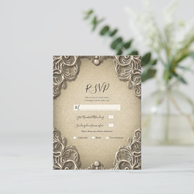 Invitation Charme Sudiste Vintage Mariage RSVP Burlap Dentell (Debout devant)
