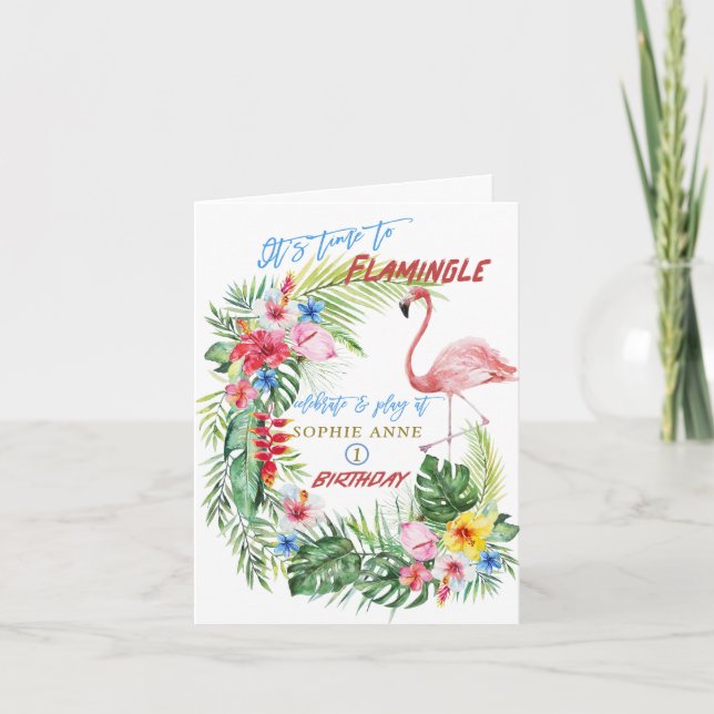 Invitation Charme Tropical Floral Flamant rose Pool Fille Ann (Devant)