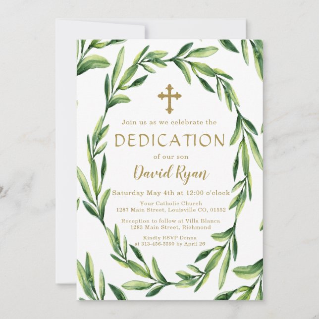 Invitation Charme Verdure Feuille Wreath Gold Boy Dedication (Devant)