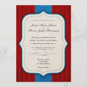 Invitation Charme vintage Mariage Monogramme rouge et bleu