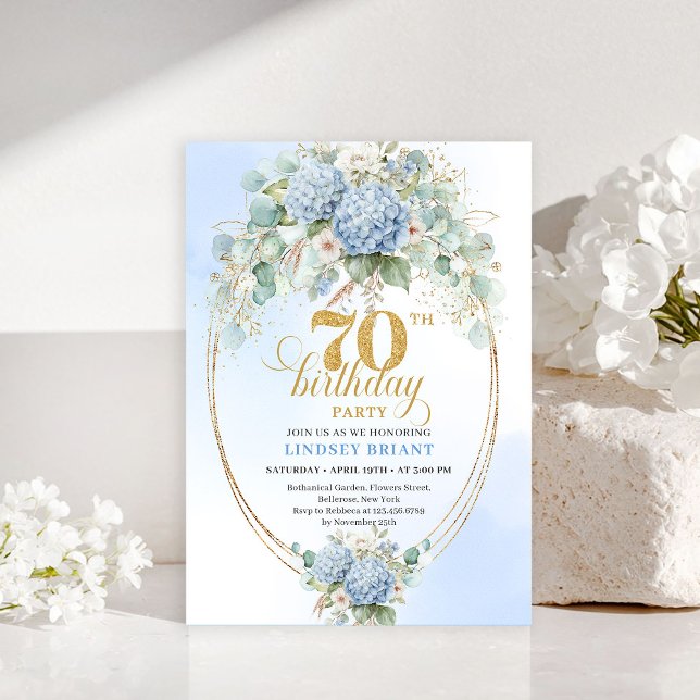 Invitation Charming 70th Birthday Blue Hydrangea Eucalyptus  (Charming 70th Birthday Blue Hydrangea Eucalyptus Invite)