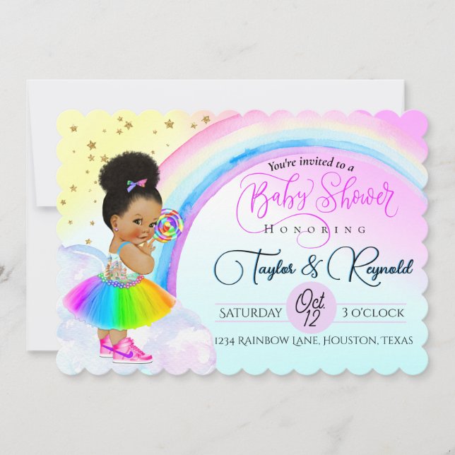 Invitation Charming Afro Puff Baby Girl Rainbow Baby shower (Devant)