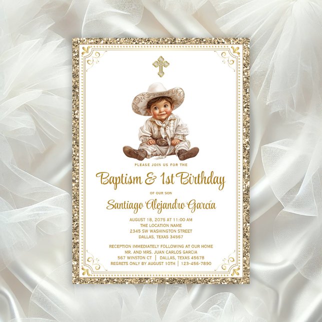 Invitation Charming Baby Charro Gold Baptême & Anniversaire I (Adorable baby charro baptism invitation, You can change all text, move baby, move/remove cross/)