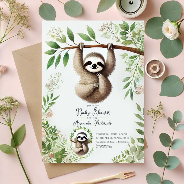 Invitation Charming Baby shower de fentes de pendage (Charming Hanging Sloth Baby Shower Invitation)