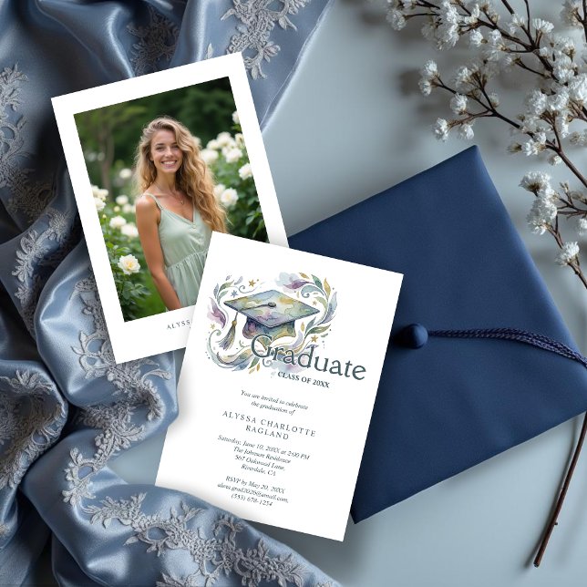 Invitation Charming Blue and Green Shades Cap Graduation (Charming Blue and Green Shades Watercolor Effect Graduate Cap Graduation Invitation Card Design.)