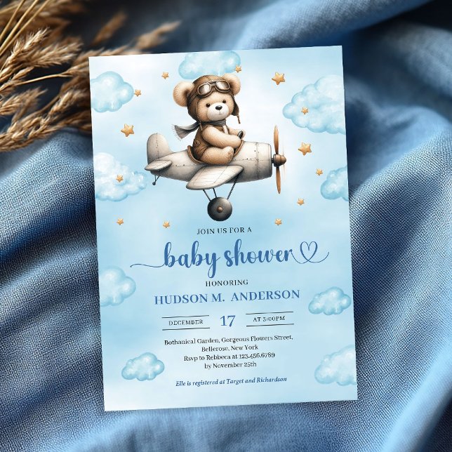 Invitation Charming Blue Brown Teddy Bear Pilot Baby Shower  (Charming Blue Brown Teddy Bear Pilot Baby Shower Invite

)