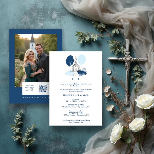 Invitation Charming Blue Church Christian Wedding (Charming Blue Shades Church Illustration Christian Wedding Invitation Cards with Back Photo and QR.)