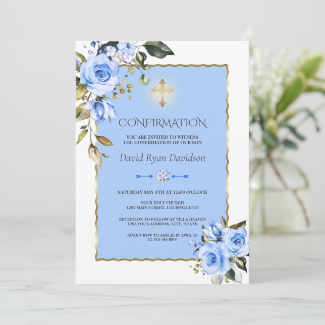 Invitation Charming Blue Flowers Gold Cross Boy Confirmation (Debout devant)