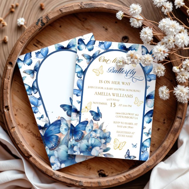 Invitation Charming Blue Gold Butterfly Girl Baby shower (Créateur téléchargé)