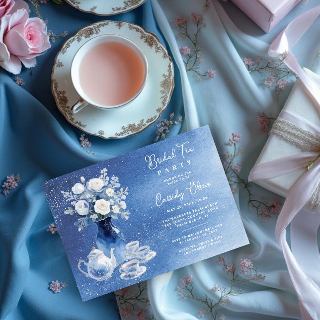 Invitation Charming Blue Tones Glitter Wedding Bridal Tea Set (Charming Blue Tones Glitter Effect Bridal Tea Set Invitation Cards Honoring the Bride to Be.)