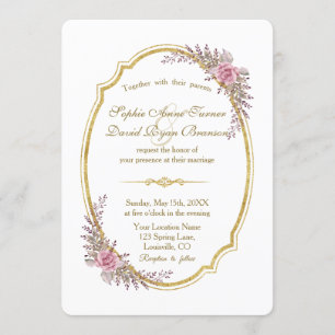 Invitation Charming Blush Floral Gold Frame Mariage Invitatio