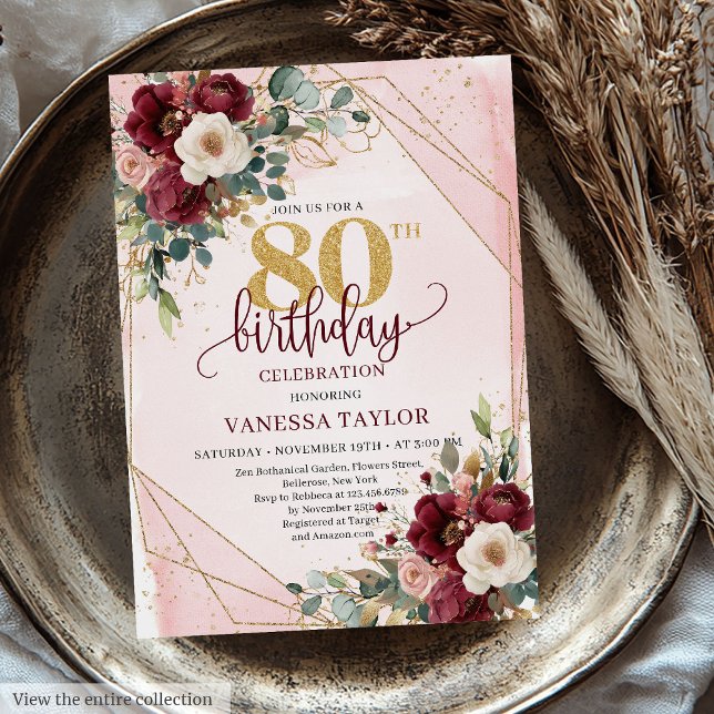 Invitation Charming Boho Dark Red Gold Roses 80e anniversaire (Charming Boho Dark Red Gold Roses 80th Birthday Invitation)