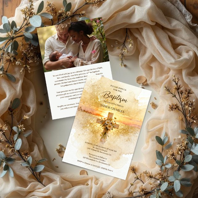 Invitation Charming Christian Wildflowers Cross-Shape Baptism (Charming Christian Floral Wildflowers Cross Watercolor Effect Gold Glitter Effect Baptism Invitation)