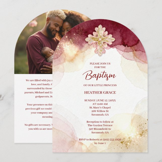 Invitation Charming Cross Burgundy & Gold Glitter Baptism (Devant / Derrière)