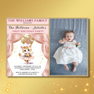 Invitation Charming Dancing Kitten Photo First Birthday Girl
