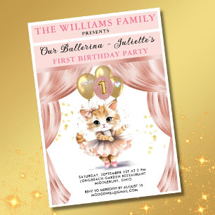 Invitation Charming Dancing Kitten Photo First Birthday Girl