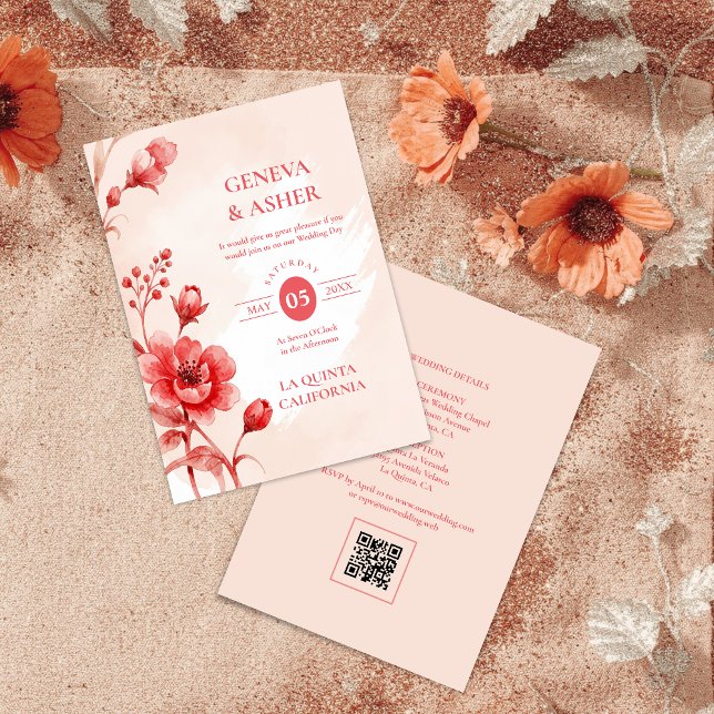 Invitation Charming Delicate Flowers Juicy Red Pink Wedding (Charming Delicate Flowers Juicy Red & Pinky Pink Editorial Wedding Invitation with Back QR Code. )