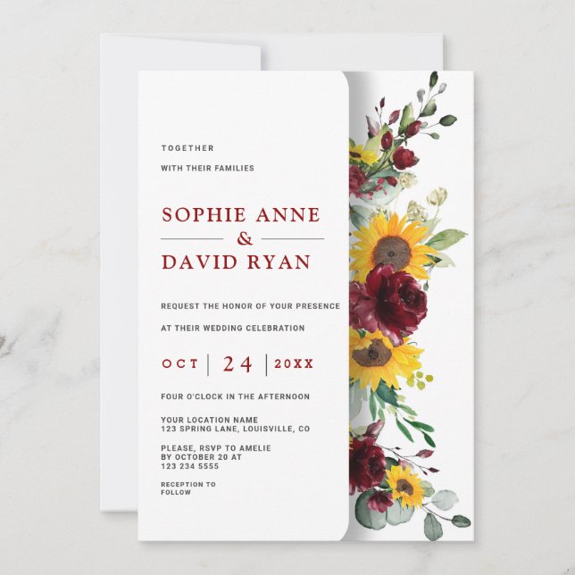 Invitation Charming Fall Burgundy Sunflowers Mariage (Devant)