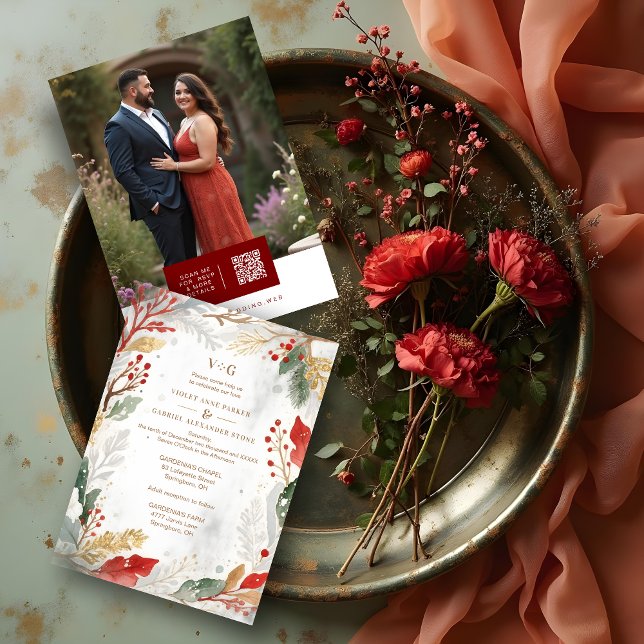 Invitation Charming Fall Nature Frame Photo Wedding (Classic Timeless Elegant Christmas Wedding Wreath Invitation Cards with Back Photo and Modern QR.)