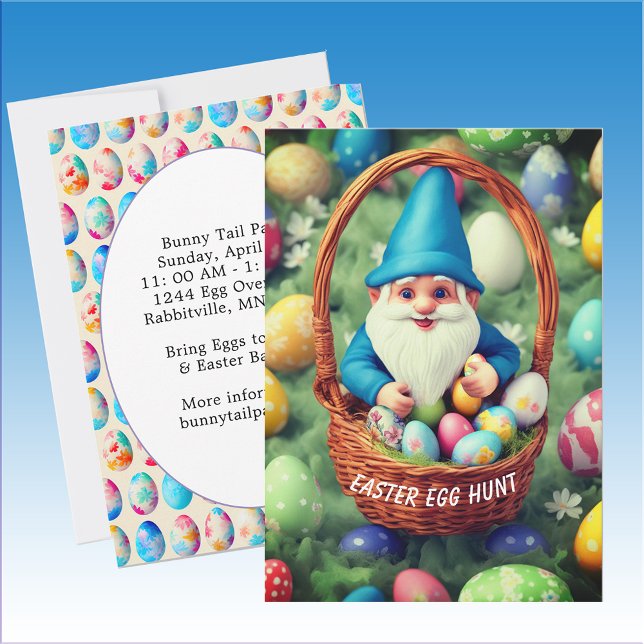 Invitation Charming Gnome & Panier Chasse aux oeufs de Pâques (Charming Gnome & Basket Easter Egg Hunt Invitation)