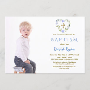 Invitation Charming Gold Cross Floral Boy Photo Baptême