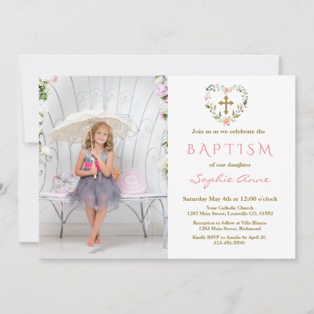 Invitation Charming Gold Cross Floral Girl Photo Baptism (Devant)