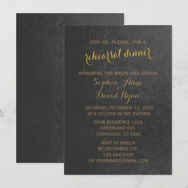 Invitation Charming Gold Foil Mariage noir Dîner de répétitio (Devant / Derrière)