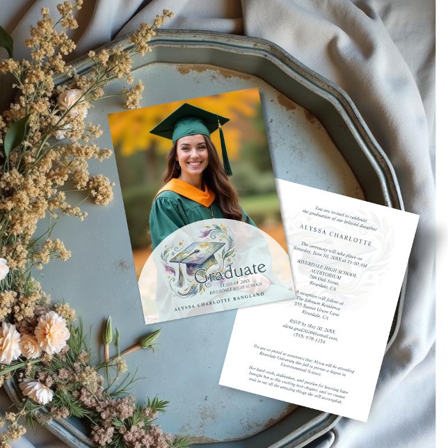 Invitation Charming Graduate Cap Blue and Green Shades (Charming Graduate Cap Blue and Green Shades Watercolor Effect Photo Graduation Invitation Card.)