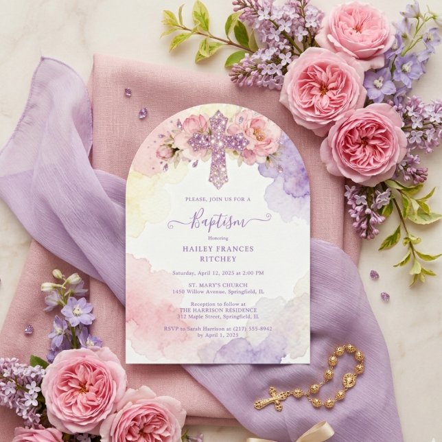 Invitation Charming Lavender Glitter Floral Cross Baptism (Charming Lavender Glitter Floral Cross Christian Baptism Invitation Card Design.)