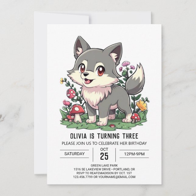 Invitation Charming mignon loup numérique anniversaire (Devant)