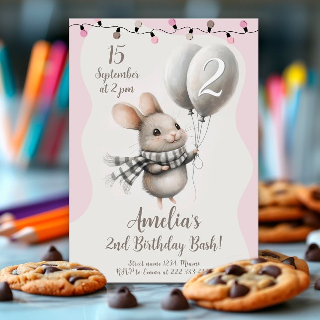 Invitation Charming Mouse Balloons 2e fête d'anniversaire (Créateur téléchargé)