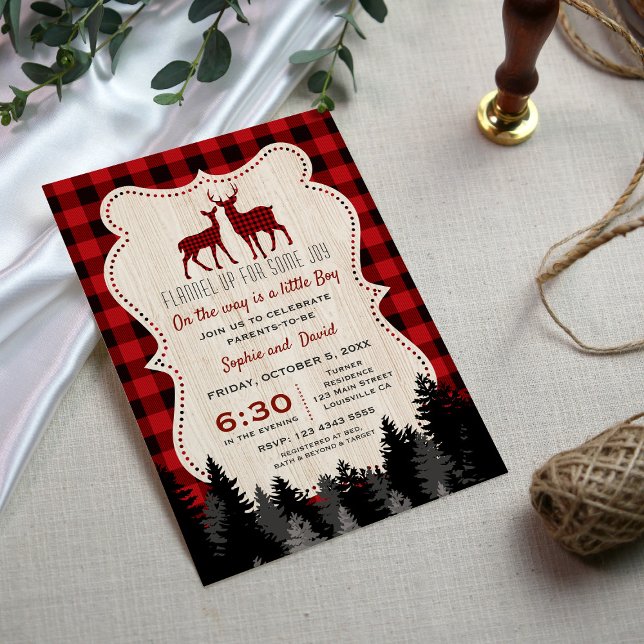 Invitation Charming Petit Hunter Baby shower de la sériole (lumberjack baby shower invite, little hunter baby shower invitation, red buffalo forest baby shower)