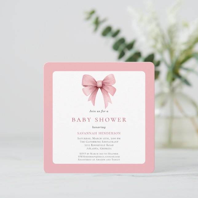 Invitation Charming Pink Ribbon Bow Girl Baby shower (Debout devant)