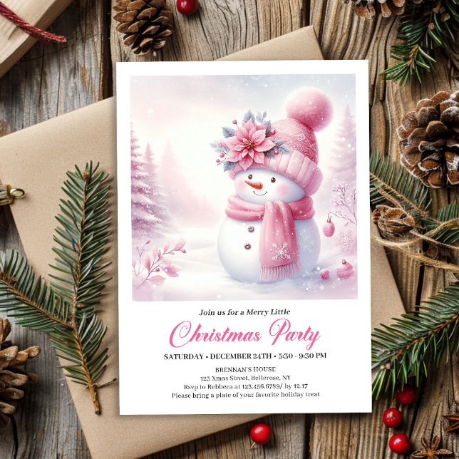 Invitation Charming Pink Snowman Kids Editable Christmas  (Charming Pink Snowman Kids Editable Christmas Invitation

)