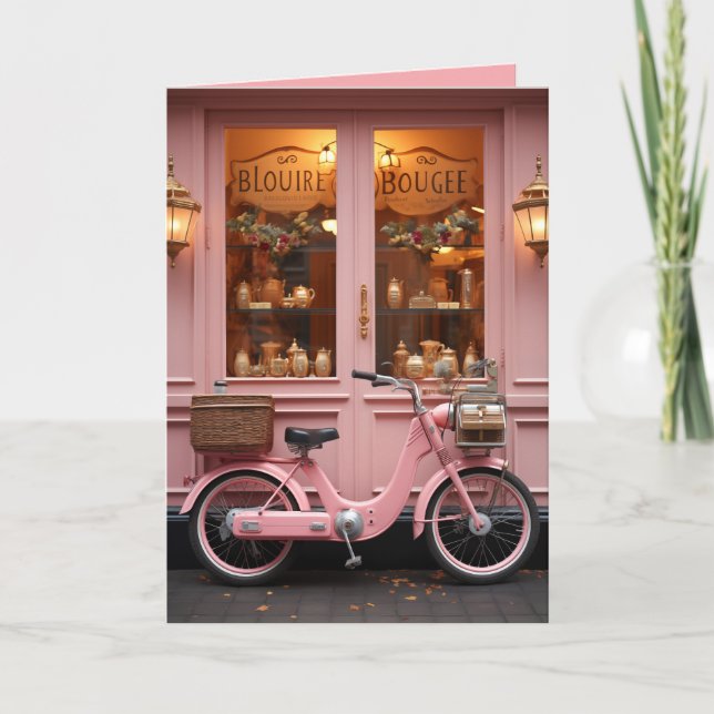 Invitation Charming Pink Storfront avec Vintage Moped (Devant)