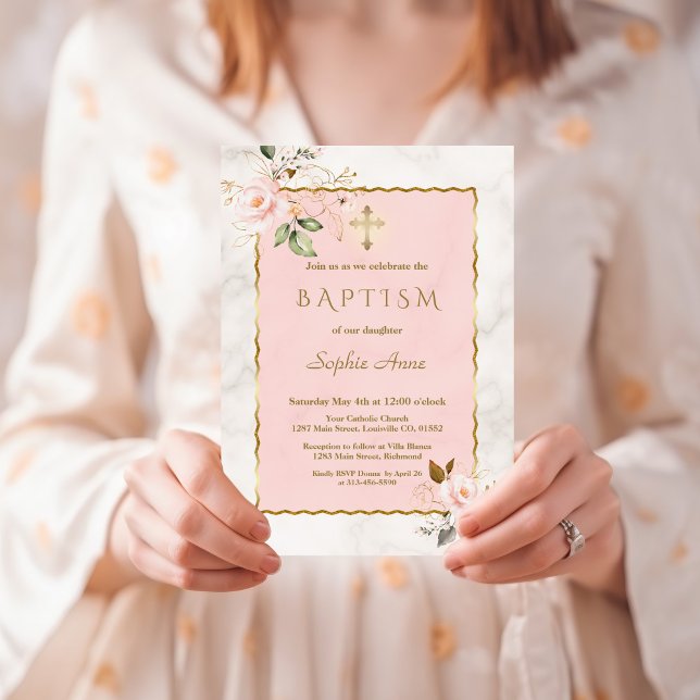 Invitation Charming Rose Blush Gold Flowers Marbre Baptême (Créateur téléchargé)