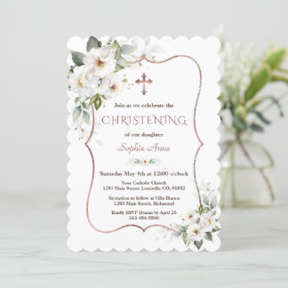 Invitation Charming Rose or blanc crème Fleurs Christening