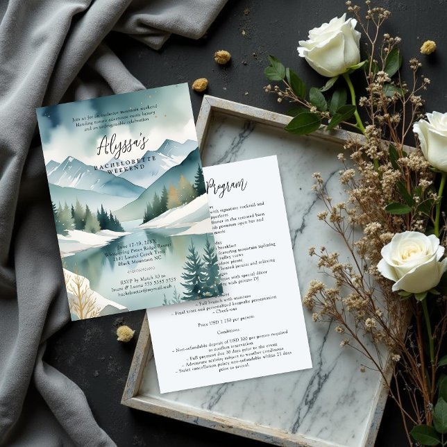 Invitation Charming Rustic Mountains Landscape Watercolor (Charming Rustic Mountains Landscape Watercolor effect Bachelorette Weekend Invitation Design.)