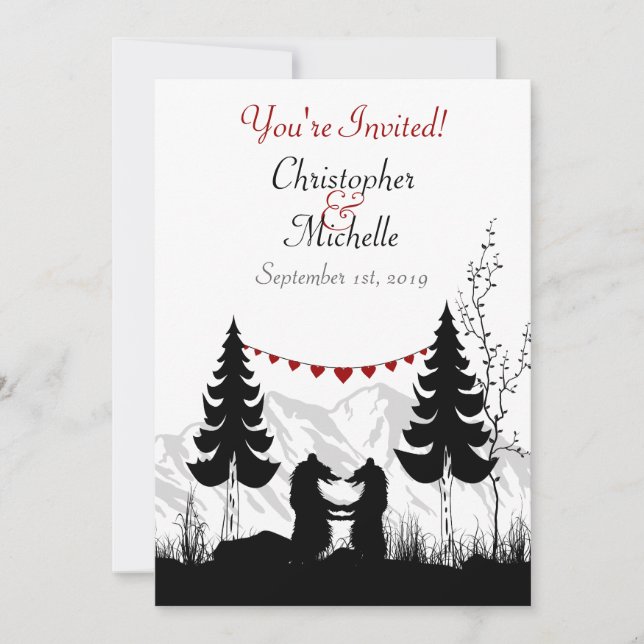 Invitation Charming Silhouette Mountain Bear Couple Mariage (Devant)