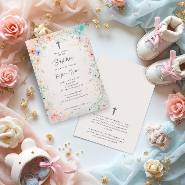 Invitation Charming Soft Botanical Floral Frame Baptism (Charming Digital Watercolor Soft Botanical Floral Frame Baptism Invitation Cards Design.)