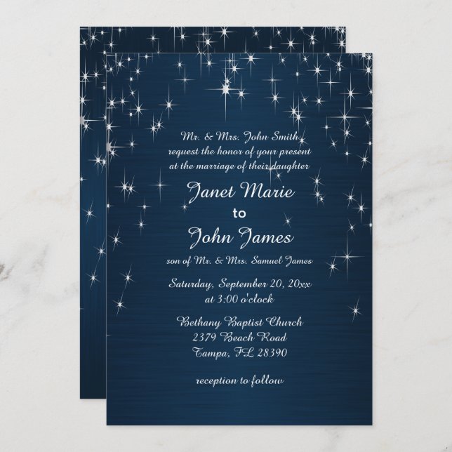 Invitation Charming Star Struck Mariage | bleu marine (Devant / Derrière)