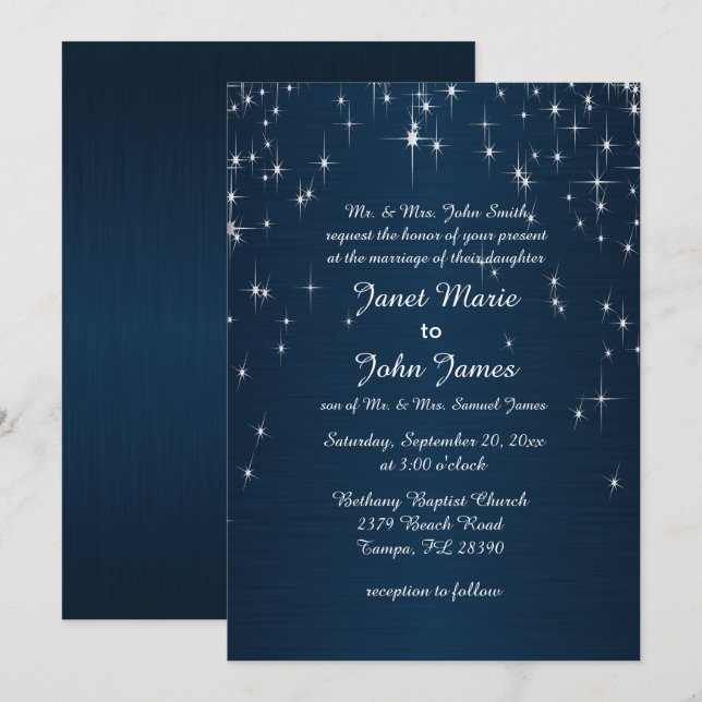 Invitation Charming Star Struck Mariage | bleu marine (Devant / Derrière)