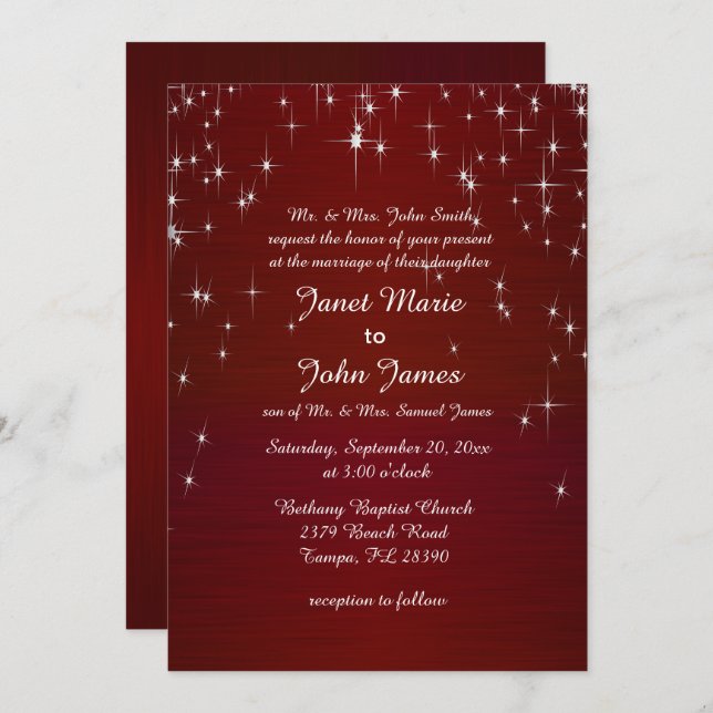 Invitation Charming Star Struck Mariage | Rouge Bourgogne (Devant / Derrière)