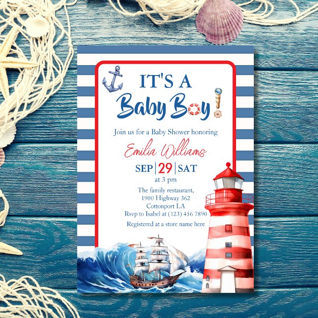 Invitation Charming Striped Blue Red Nautical Ahoy Baby Boy (Créateur téléchargé)