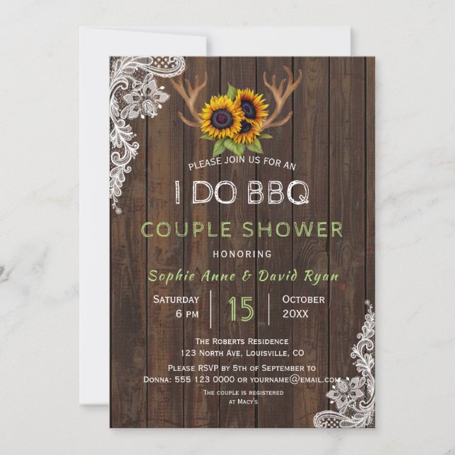 Invitation Charming Sunflowers Antlers I DO BBQ Couple Douche (Devant)